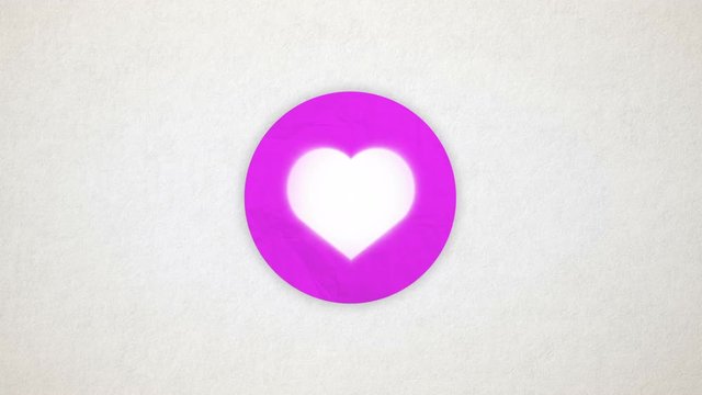 Heart animated. Shape heart in the colored purple circle on the paper textured background. Valentine card, beating animated heart. Intro background for wedding, valentines day themes.