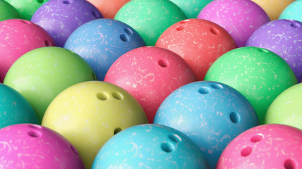 Fototapeta na wymiar Close up on Array of Tightly Packed, Colorful Bowling Balls 
