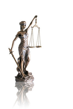 Lady justice or Themis with reflection  isolated on white background