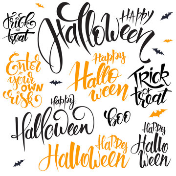 vector set of hand lettering halloween quotes - happy halloween, trick or treat and others, written in various styles