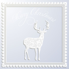 Merry Christmas white paper card with applique deer and frame
