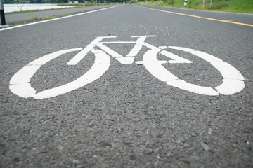 Cycle path lane sign in a wet urban street.
