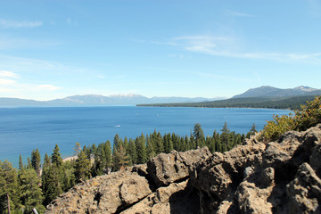 Lake Tahoe and Rocks/Rocky hillside and trees overlooking Lake Tahoe