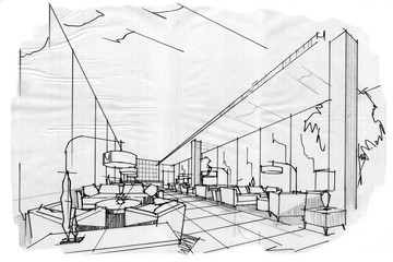 sketch interior perspective lobby lounge, black and white interior design.