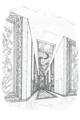 sketch interior perspective lift hall, black and white interior design.