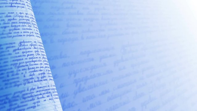 Cyrillic Handwriting. Blue background LOOP with Depth of Field and Copy Space.