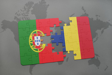 puzzle with the national flag of portugal and chad on a world map background.