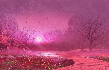 Fototapeten fantasy landscape with pink magical leaves,illustration painting © grandfailure