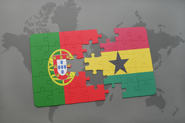 puzzle with the national flag of portugal and ghana on a world map background.