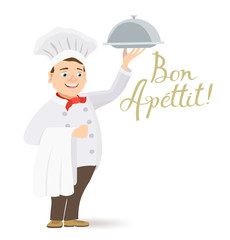cartoon happy chef holding a platter with bon apettit message