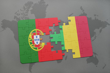 puzzle with the national flag of portugal and mali on a world map background.