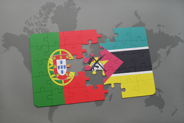 puzzle with the national flag of portugal and mozambique on a world map background.