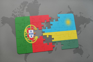 puzzle with the national flag of portugal and rwanda on a world map background.