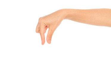 Beautiful woman hand holding isolated on white background .