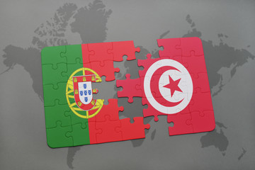 puzzle with the national flag of portugal and tunisia on a world map background.