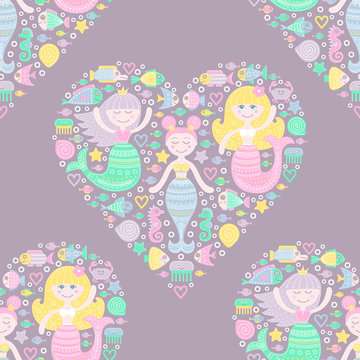 Cute mermaid and fish in heart. Vector seamless pattern with flat mermaid girls. Colorful sea background for kids. Water nymph with doodle ornament on violet  background. Pastel colors.