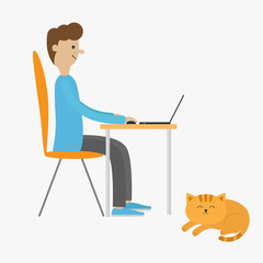 Profile man at desk with leptop. Guy working on computer. Boy sitting on chair table. Sleeping lying cat. Cute cartoon character. Workplase concept. Flat design. Isolated. White background.