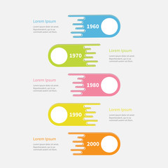 Five step Timeline Infographic. Vertical colorful comet shape with empty round circle. Template. Flat design. White background.