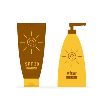 Tube of suntan cream. After sun lotion. Bottle set dispenser. Solar defence icon. SPF 30 sun protection factor. UVA UVB sunscreen. Isolated. White background. Flat