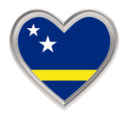Curacao flag in silver heart isolated on white background. 3D illustration.