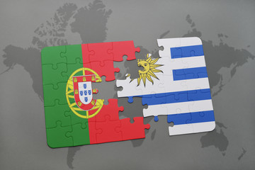 puzzle with the national flag of portugal and uruguay on a world map background.