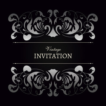 Greeting or invitation card  or announcement, save the date card. Template ornament flyer on black background. Vintage style.