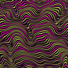 Naklejka premium Wavy vivid striped vector background. Bright colorful pattern on black. Deformed distorted space. Abstract curved lines. Vector illustration for your design. Eps10