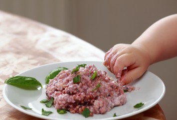 Baby  hand trying to eat oatmeal porridge