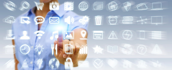 Businesswoman using digital tactile screen interface with web ic