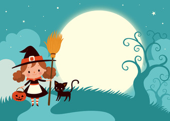 Halloween full moon night background with cute witch and black cat.