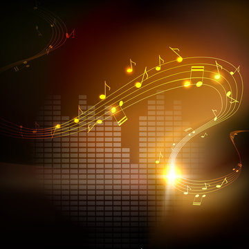 Vector musical background. Golden melodies, shiny waves of musical notes flying on dark background with equalizer
