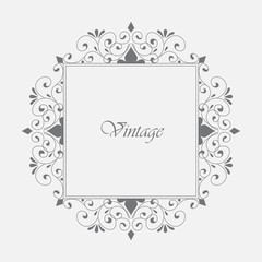 Floral gray ornate frame for greeting or invitation card  or announcement, save the date card. Template ornament flyer. Vintage style.