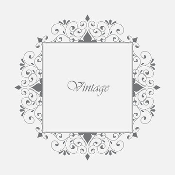 Floral gray ornate frame for greeting or invitation card  or announcement, save the date card. Template ornament flyer. Vintage style.