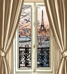 Foto auf Acrylglas Fenster mit Blick auf Eiffelturm und Dächer © Isaxar