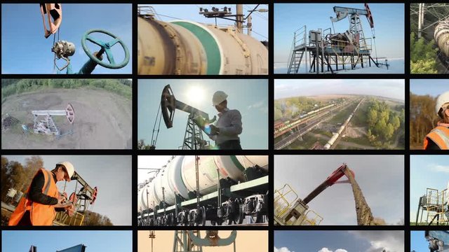 Oil industry. Montage split screen. Oil rockers Pump, engineers 