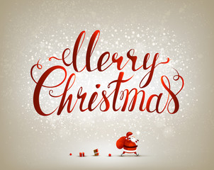 Red Merry Christmas hand drawn inscription and Santa Claus with bag and gifts on the light background.