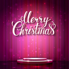 Holiday banner with place for text and image. Pink shine glimmering scene with plinth. Calligraphy inscription Merry Christmas.