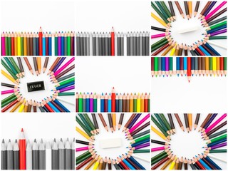 Photo collage of Colouring pencils isolated on white background