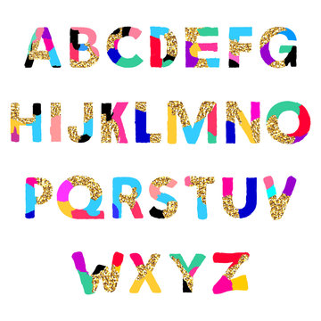 Artistic Alphabet with golden glitter texture. Creative font. Vector English Alphabet Set.