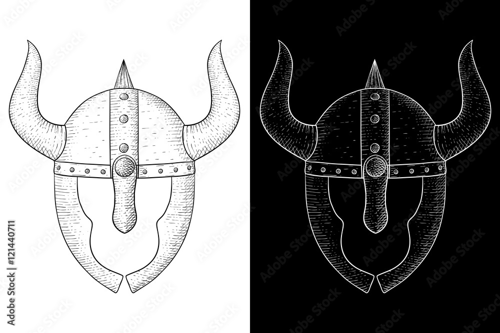 Wall mural horned helmet with face protection. viking warriors headwear. hand drawn sketch