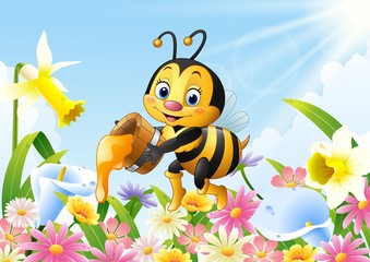Cartoon bee holding honey bucket with flower background
