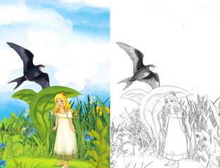 Cartoon fairy tale scene with a young little girl under the leaf on the meadow and cuckoo - illustration for children