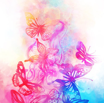 Amazing background with butterflies and flowers painted with wat