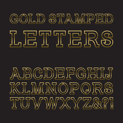 Gold stamped letters. Trendy and stylish golden font. Isolated latin alphabet.