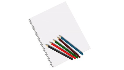 Blank white spiral bound paper drawing pad with color pencil 