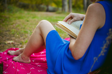 blonde girl in a blue dress sitting on a red blanket on top of the green grass, reading a book in the middle of pine forest trees