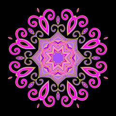 Vector pink hand-drawn oriental mandala, ethnic doodle mandala with colorful ornament, isolated decorative template, Islam, Arabic, Indian, ottoman motifs, EPS 8