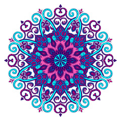 Vector hand-drawn blue and purple oriental mandala, ethnic doodle mandala with colorful ornament, isolated decorative template, Islam, Arabic, Indian, ottoman motifs, EPS 10