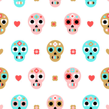 Sugar skulls cute seamless pattern. Day of dead holiday. Background, texture textile