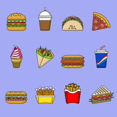 Set of fast food icons. Drinks, snacks and sweets. Colorful outlined icon collection. Vector illustration on white background. Sandwich, hamburger, pita, pizza, fries, hot dog, ice cream, coffee, soda